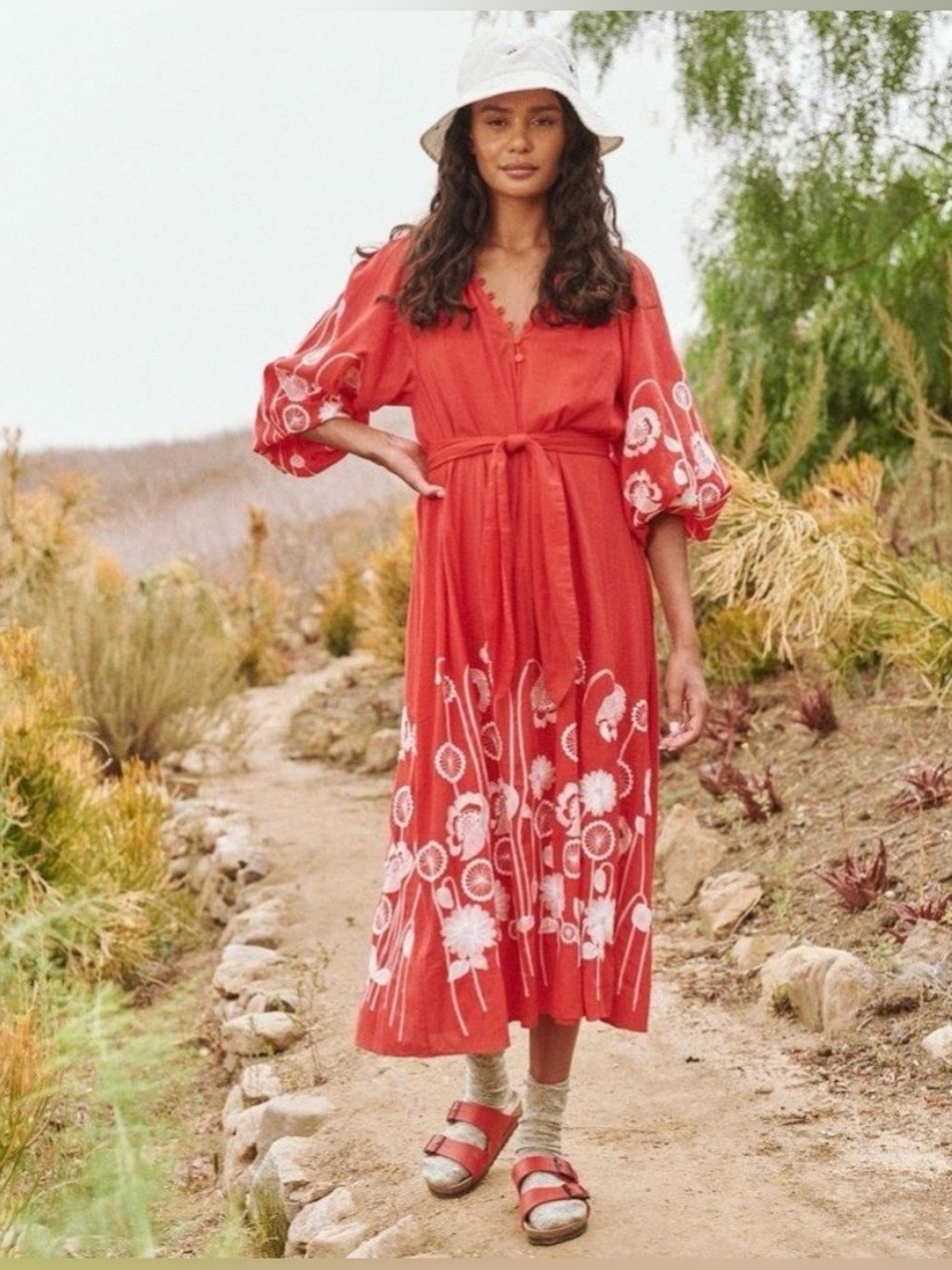 THE GREAT. Derby Dress with Trellis Floral Embroidery, Red, Size 1